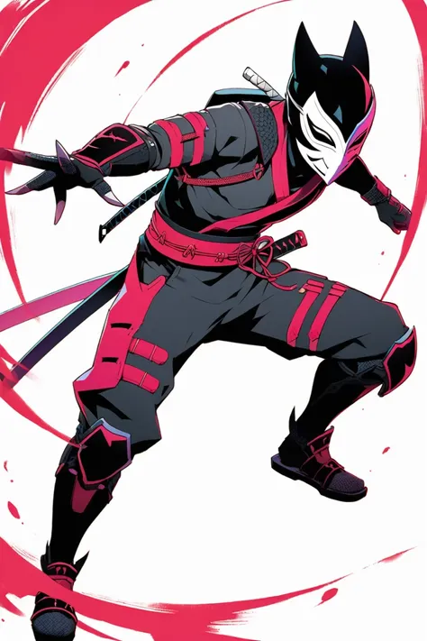  cyberpunk ninja action novel。solo ninja 。((white background illustration ))。(( full body illustration))。(( ))。Ninja mask。dark two-tone。Special ninja costume with armored joints。