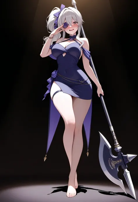  Attorney General Clarice , BREAK AG _Clarice,  silver hair,  white skin , purple eyes,  side hair lock with ribbon, rabo de cavalo, using an eye patch, dark blue dress,  legs the sample ,  pantyhose , barefoot, feet,  black mechanical arm , ( with a purpl...