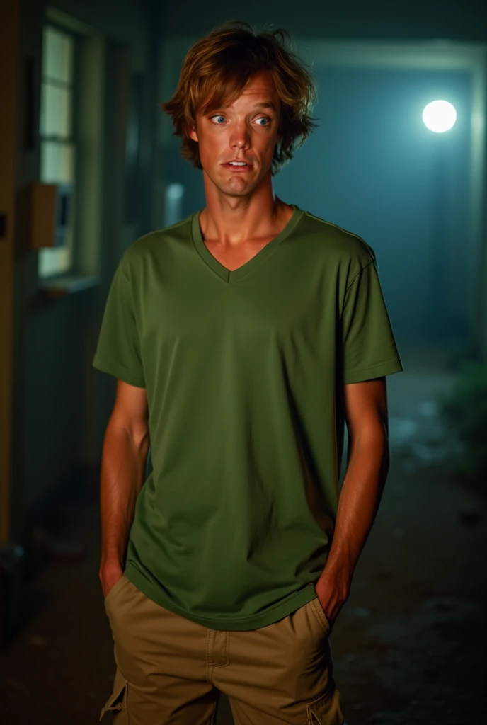 photo of shaggy from the 2002 scooby doo movie, shaggy from the scooby doo movie, matthew lillard face, sad face, he is dressed like shaggy from scooby doo, he is wearing a green v-neck t-shirt and khaki cargo pants, shaggy's face, he has messy long light ...