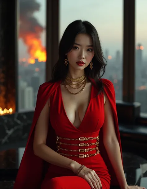 beautiful chic business woman, stately, stately chinese woman, red form fitting dress, long sleeve dress, red pencil skirt, deep v, delicate gold necklace, gold chain harness, slender and form fitting, sitting in dark chair,  plunging neckline, deep v, ver...