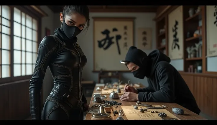  ninjas are making jewelry in the room of a 、A masked female ninja carrying a sword on her back is making jewelry。On the desk、A masked ninja with a ring 。写真品質、 high definition 、 more details、 ultra-realistic 。