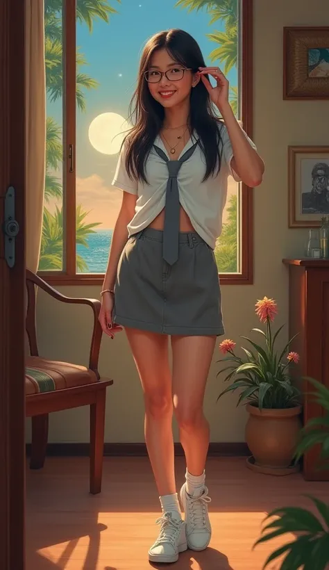  Full-length ultra-wide-angle camera shot . Illustration on pixiv ,  oil painting,  Extreme colorful reflection of a confident and charming Balinese Indonesian woman,  lift his shirt so that his chest is visible in the room.  Her pose is cheerful and dynam...