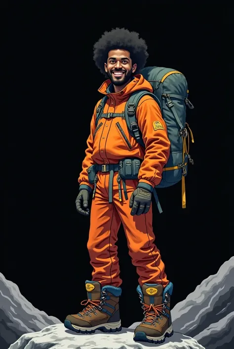  1 man,  black background,  anime style illustrations ,  mountaineer, Great mountaineering equipment , Afro,  doesn't grow a beard, An exhilarating smile with her mouth wide open,  black hair,  old guys in their 30s , Hiking boots