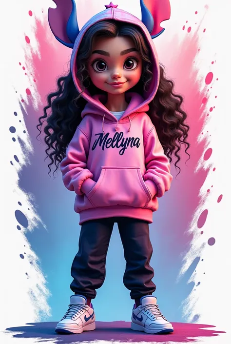 A young woman with a cartoonish appearance is centered in the image. The character has fair skin, oriental eyes, Brazilian features, long, curly dark brown hair, and large, expressive eyes. She is wearing a holographic sky-pink hooded sweatshirt with a gra...