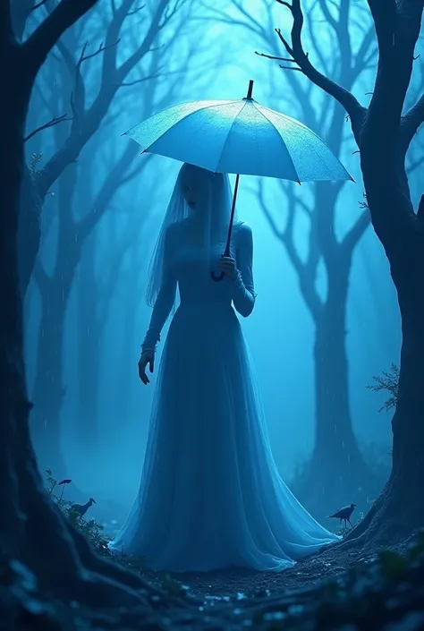 Create an image of an evil woman wearing a new dress and a white veil on her face and with a white umbrella she is blue where she is a forest with leafless trees and the avores are black it's flashing and raining 3d animation style color blue with black