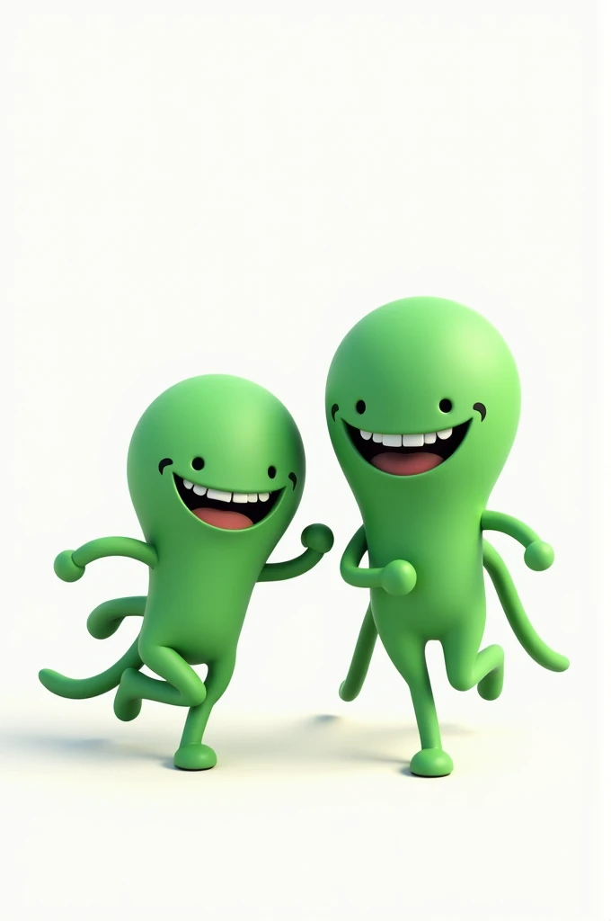 Create an image of two Squitgame characters, green in color, running facing left, with a happy face, 2D full color cartoon image quality, plain white background