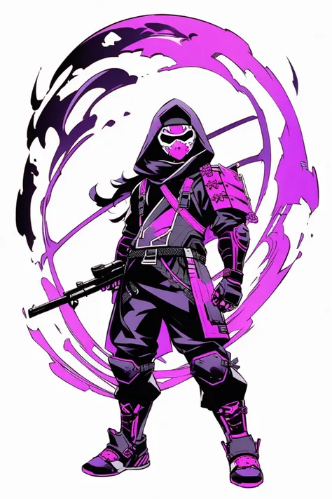  cyberpunk ninja action novel。solo ninja 。((white background illustration ))。(( full body illustration))。(( ))。Ninja mask。Two-tone color with black and deep purple。Special ninja costume with armored joints。Wear a small crossbow on your wrist。