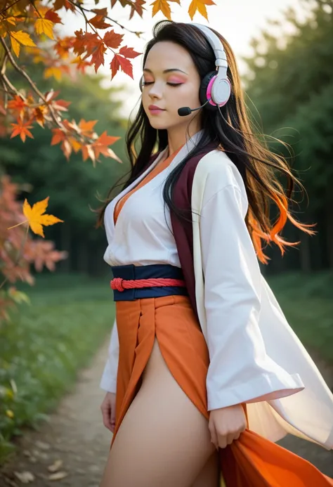 Nezuko Kamado Chan /  KIMETSU NO YAIBA, Bicolor fur,   A woman , serious look,  very long hair,   Eyes Closed,   she opted for a mini short, Japanese blouse,  listening to music with headphones in her ears, very definite figure , very sharp curves,   mediu...