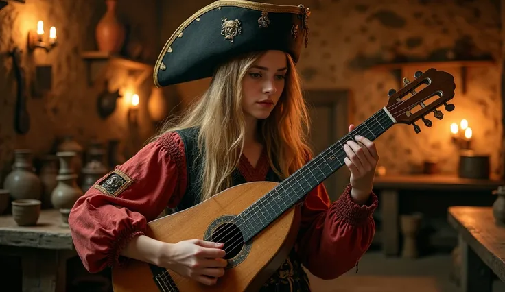 " A young Celtic woman playing a lute in a rustic and rudimentary medieval tavern,  with warm and flickering candle lighting ,  creating an authentic and immersive environment of the time .  She has long, slightly disheveled blond hair ,  with a pirate-sty...