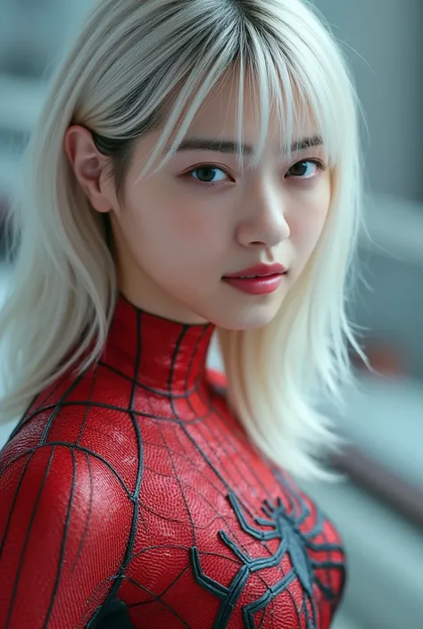 Image of sexy spider-woman, masterpiece, UHD, accurate, super detail, high details, high quality, award winning, best quality, 16k, detailed face, realistic textured skin, Super high resolution hair, snow-white long hair, high position ponytail, super high...