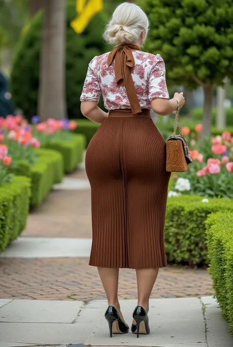 62-year-old grandmother ,  hourglass figure,  small waist ,  wide hips , big busts,  big butt.  curvilinear, exuberant and voluptuous. She is a sexy Gilf wearing vintage style clothing. Wear brown accordion skirt, cinturon negro, Wear floral blouse and flo...