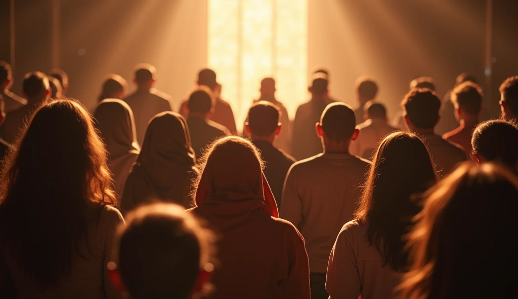 In an inspiring scene, a diversity of men and women of different ages and backgrounds gather in a prayer circle, reflecting the truth that fasting is for everyone. Their faces express hope and determination. In the background, a radiant light descends, sym...