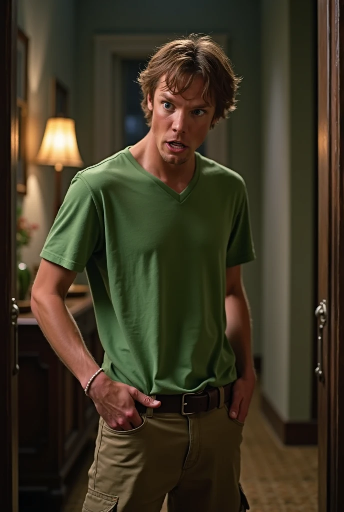 photo of shaggy from the 2002 scooby doo movie, shaggy from the scooby doo looking down the front of his pants, (he is looking down the front of his pants), matthew lillard face, surprised face, he is dressed like shaggy from scooby doo, he is wearing a gr...