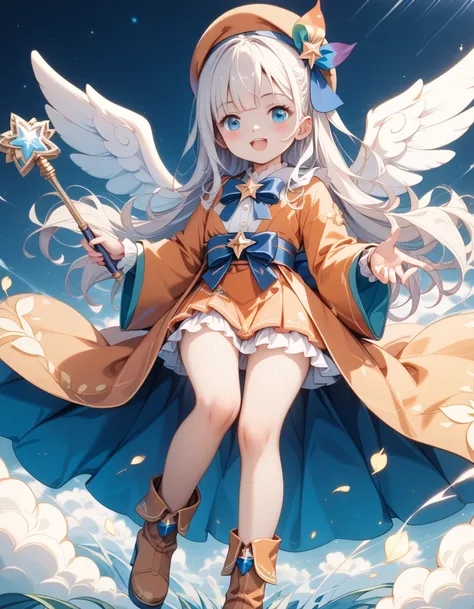 ((( pretty face、Baby Face、 best composition、 best quality、 Top Masterpieces、 more details、 high definition 、CG)))、(Masterpiece),  best quality,  high definition , A White-haired star fairy girl with a magic wand、 Sickle, Beret、  ruffle short skirt,  dark b...