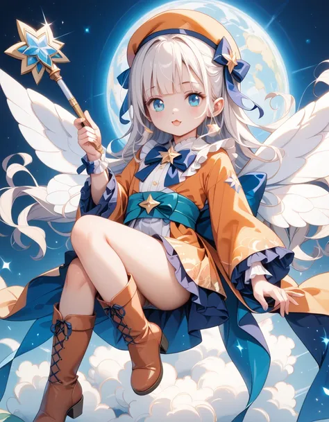 ((( pretty face、Baby Face、 best composition、 best quality、 Top Masterpieces、 more details、 high definition 、CG)))、(Masterpiece),  best quality,  high definition , A White-haired star fairy girl with a magic wand、 Sickle, Beret、  ruffle short skirt,  dark b...