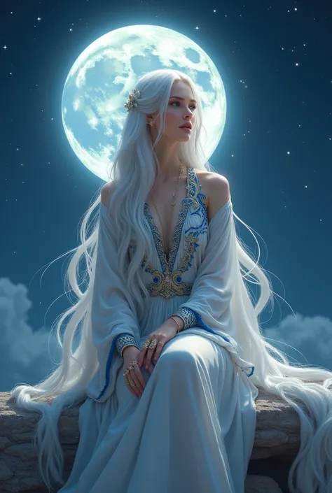  create the image of a beautiful woman ,  she has well-oiled white hair ,  she is wearing white clothes with blue and gold details,  has blue eyes , She has fair skin,  she has 10 rings  (one on each finger ),  she is sitting on a rock ,  behind her the fu...