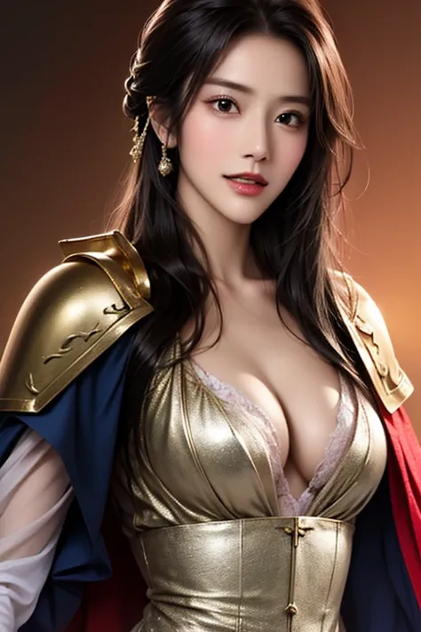 ((The upper body of a female warrior wearing gold and red light steel armor and a cloak:1.5)),1 person,  black hair,  belly shortcut   ,Big breasts and cleavage,  high-definition face and skin texture  ,  staring at the camera,   Chinese Warrior:1.2,  perf...