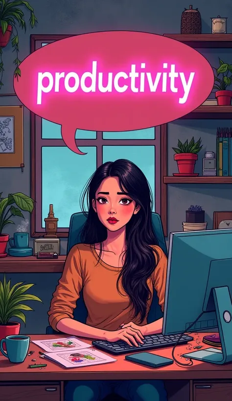 Comic book art a ASIAN woman at home in a cozy home studio on a COMPUTER with a neon "PRODUCTIVITY” SPEECH BUBBLE "NO"