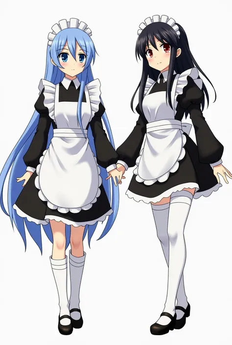 two girls, The first is Lucina from Fire Emblem,  girl with long blue hair ,  blue eyes, Dress up in a black and white maid outfit, with the skirt too short, white tights and white gloves, The second is Akame from Akame Ga Kill, Black-haired girl that reac...