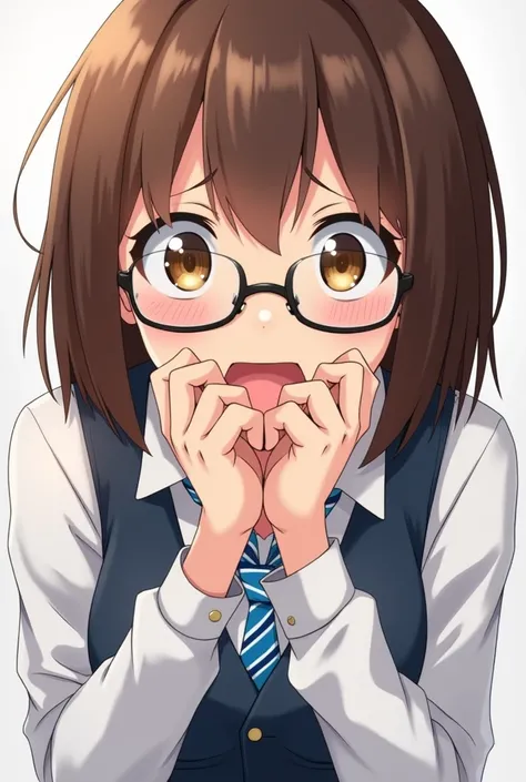 anime young adult girl, brown bob haircut, glasses, brown eyes, school uniform with white shirt, blue and white tie, dark blue vest, eyes wide in horror, shock expression, mouthless, hands close to mouth