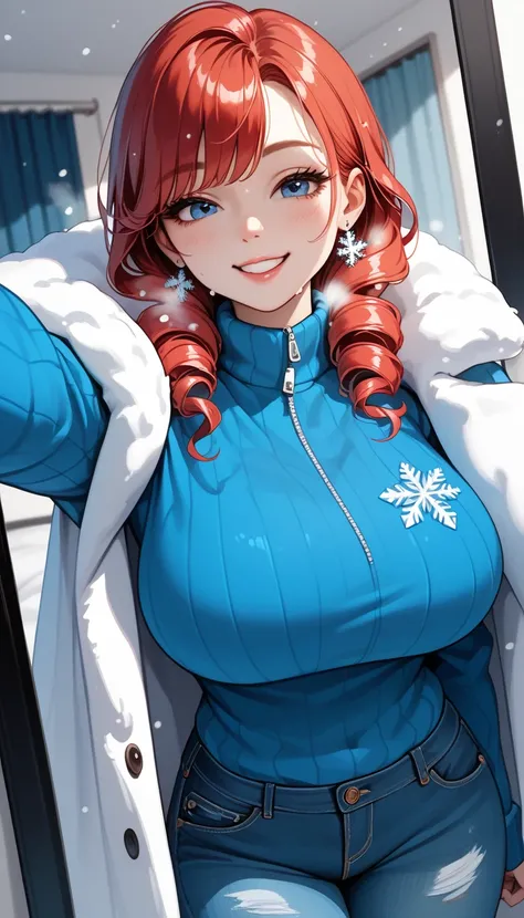  Ultra cute, ultra sexy, ultra bouncy, ultra curvy, ultra feminine, large breasts, ((Busty Bitches)), Korean girl, red hair, cheeky smile, traditional fur winter coat, ringlet blue shirt, blue designer denim miniskirt, heavy snow, cold, frost, taking selfi...