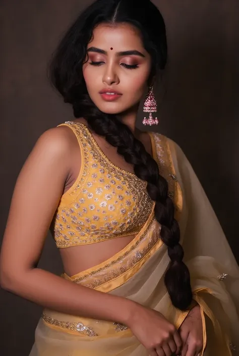 indian slim curvy aunty with long tied hair, thick breast, thick hip, thick ass, thick thighs, woman wearing Georgette transparent saree, sweating lot, sweat drops visible, deep belly button, nipple popping out. Erotic image
