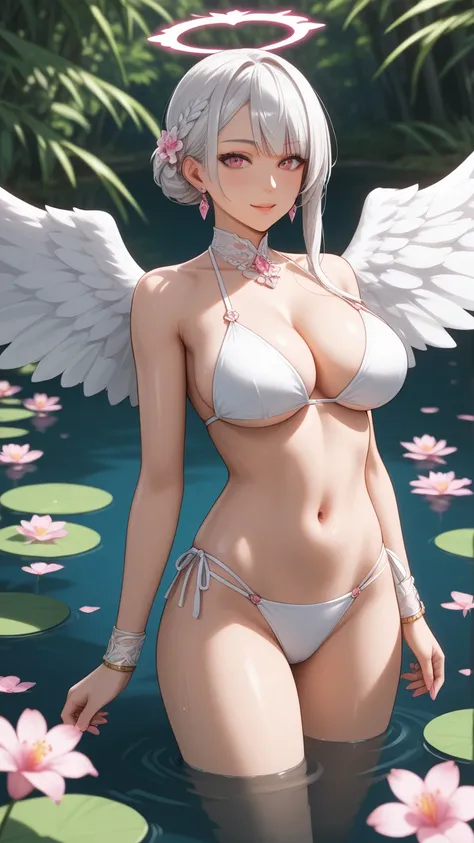   score_9,   score_8,   score_7,   source  _    animated, 1mature_FE,  Asian woman ,  white hair , long horse ,   bright pink eyes  ,  thin black lenses ,  white bikini lace with pink flowers,   angel wings, serene look, breasts,  swamp, arena, Mar, Palm ,...