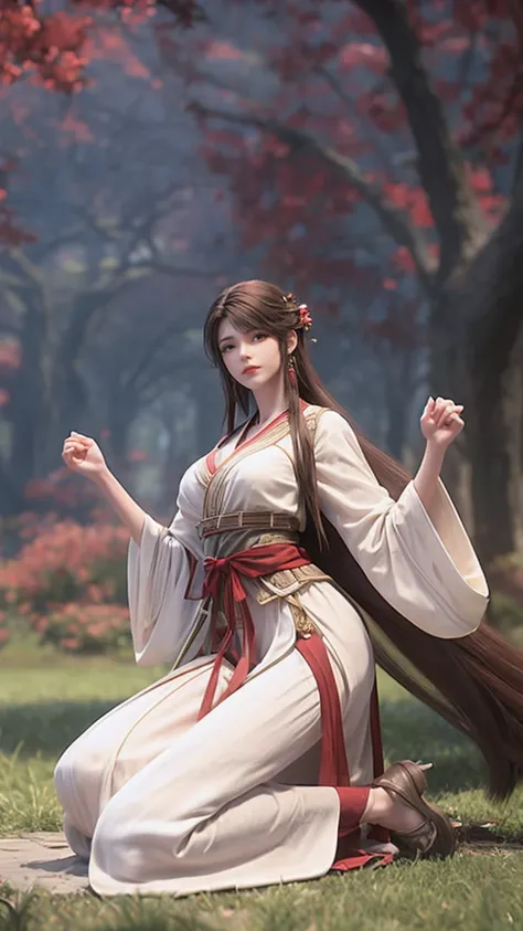 Wearing Hanfu，Long Legs，Fat buttocks，Height 170cm， golden ratio graphics ， Big Breasts ，With cleavage， full-body photo ， heels，Have muscles， perfect thigh muscle line，Kneeling
