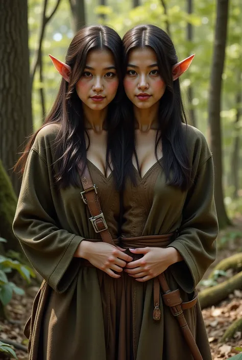 front top view , Filipina-Chinese, two heads sharing a body, wearing lord of the rings inspired wood elf archer clothes for women, realistic, looking at the camera, sea of trees view background, hands at the waist, medium built body.