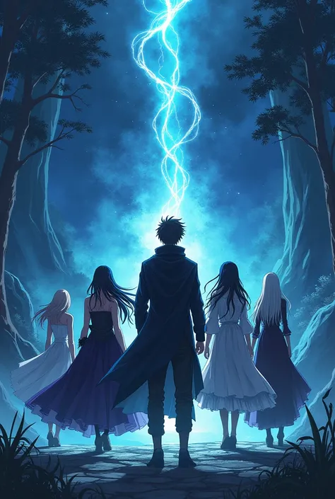 Create an anime cover "Re: Veil - As
Shadows of the Other World" ,  an Isekai with a male character and 4 female characters at the front being a shadow assassin, A mysterious sorceress, a cosmic priestess and a knight and the main character 