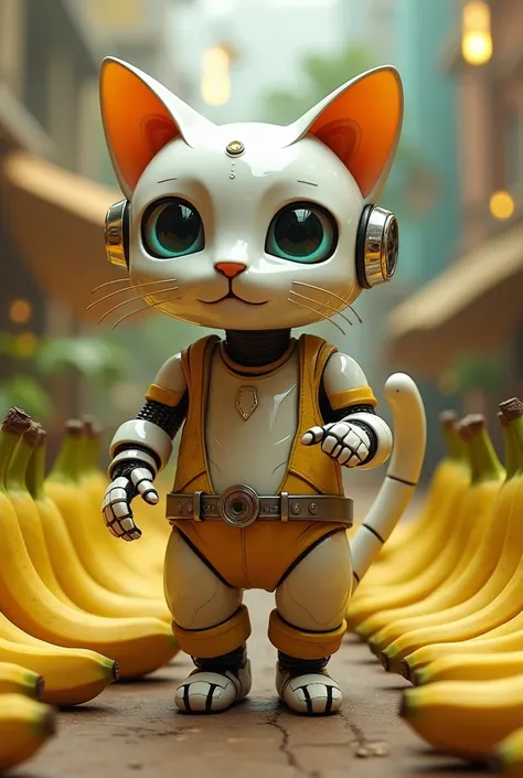 a robot cat that really likes bananas, and dresses them
