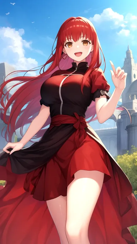 masterpiece, best quality, highres, girl, solo, looking at viewer, Shirou Emiya, Red hair, Brown Eyes, large breasts, princess Dress, standing, smile, open mouth, outdoors 