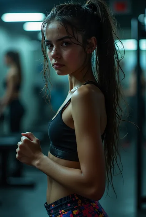 Realistic Photo a slightly dimly lit environment, leaning forward and side camera shot, 14- years old  spanish school girl, a sweaty body and wet hair, have long ponytail hair, colorful gothic yoga pants and tank top to gym for exercise and photo,at the gy...