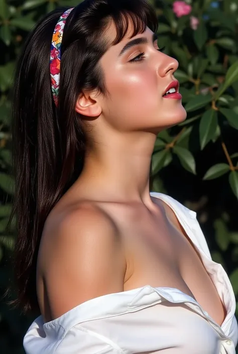 (masterpiece, best quality:1.5), 
1girl, Alone,
upper shot, from the side view, her beautiful profile.,
She looks up slightly with eyes tight closed and mouth opened., she is in an ecstasy.,erotic lips,
she is sliding her white shirt down off from her one ...