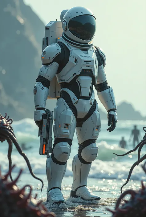 Astronaut in a futuristic suit with a weapon of the future on a planet with sea monsters 