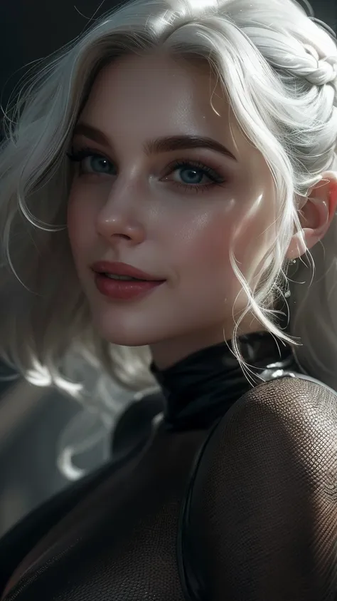 (((Ultra Realistic))) Photo,  masterpiece,  top quality,  pale skin, ( Ultra-detailed face and eyes :1.2), 1 , full white hair ,  dark atmosphere,  Dark background, (  eye makeup  , mascara) , (( full wavy white hair )) , ((stylish hairstyle)) , {gigantic|...