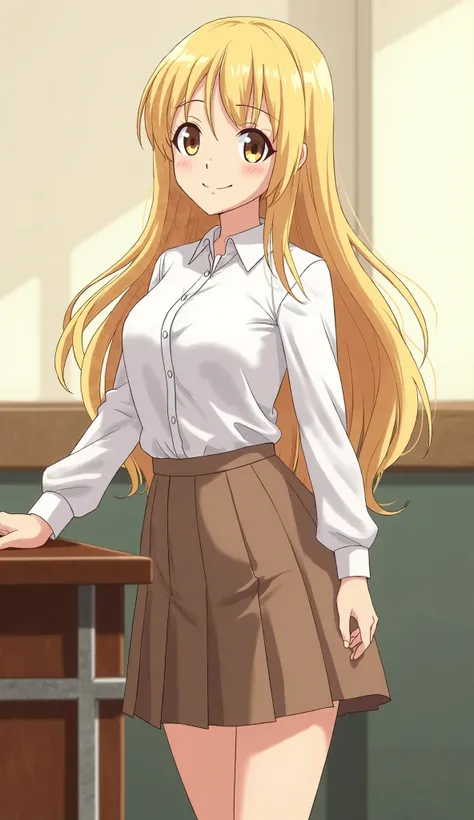 「Blond girl in a white blouse and brown skirt stands beside her desk　anime」
