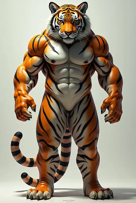  A full body photo, seen from below , of an anthropomorphic tiger with tiger skin