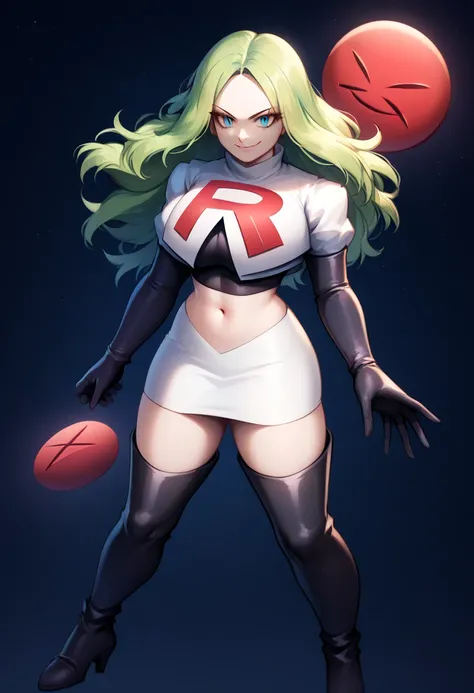 masterpiece, best quality, 1 girl, Team rocket, team rocket uniform, red letter R, white skirt,white crop top,black thigh-high boots, black elbow gloves, evil smile, night sky background, large breasts, high-heeled boots, BREAK, green hair, blue eyes, Bill...