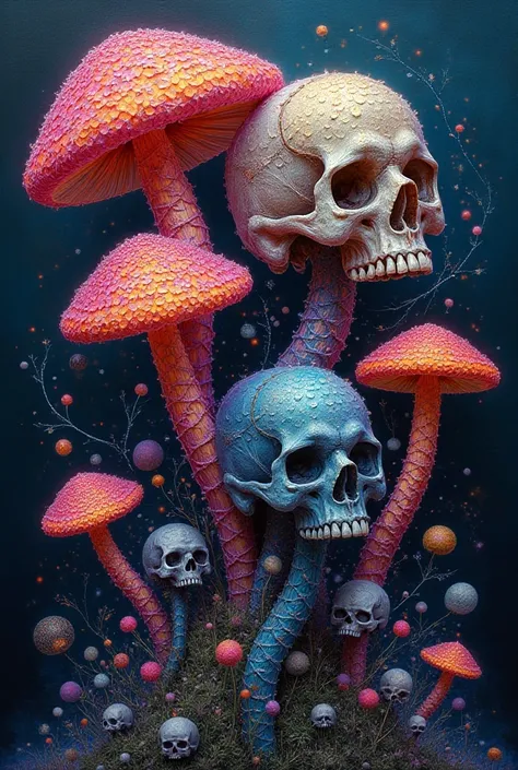 A painting of mushrooms and skulls made from 3D thread fibers in the shape of irregular circles of iridescent color 