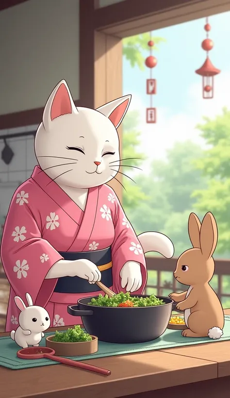 
White cat waring pink yukata with white Sakura texture on dress. Back in the kitchen, the cat begins preparing lunch. It’s joined by a curious sparrow and a shy rabbit, who help by washing vegetables and stirring a pot. The trio prepares vegetable tempura...