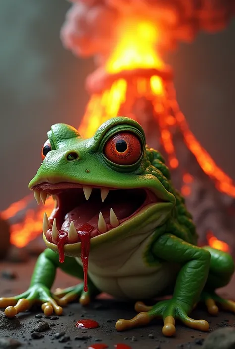 Create an image of a one-eyed green evil frog with several teeth coming out of its mouth and a volcano in its head 3d animation style 