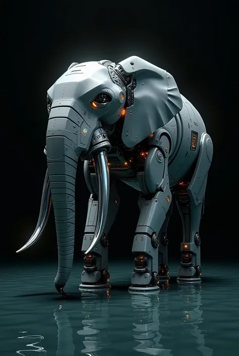 imposing futuristic robot elephant, bathing in water, black background