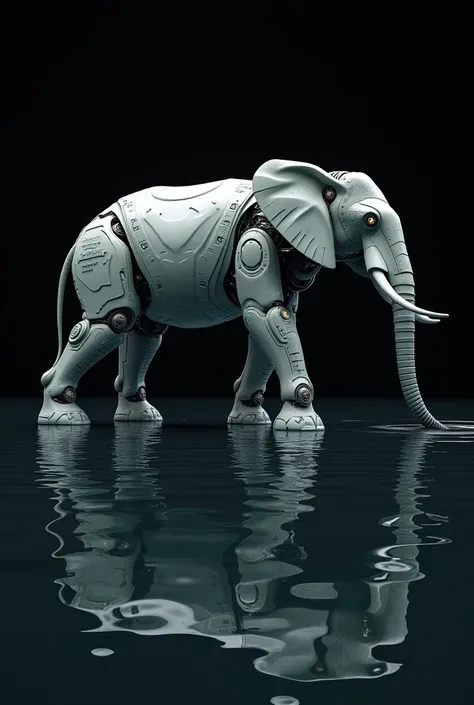 imposing futuristic robot elephant, bathing in water, black background