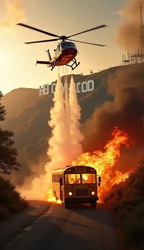 a helicopter carrying a school bus flying over the Hollywood sign throwing water to put out the fire