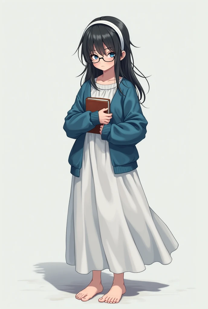 anime young adult girl, long black messy hair, white headband, blue eyes with eyeshadow, glasses, tired look, white single piece long dress, open blue sweater, bare feet, holding a book