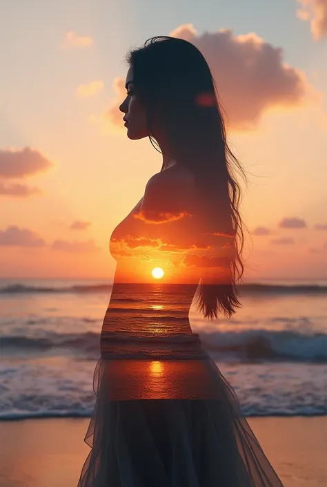   high quality  ,  8k Ultra HD,   Beautiful double exposure combining the silhouette of the goddess with the sunset beach,  sunset beach should serve as the underlying background ,  with its details incorporated into the goddess  , sharp lines  , The backg...