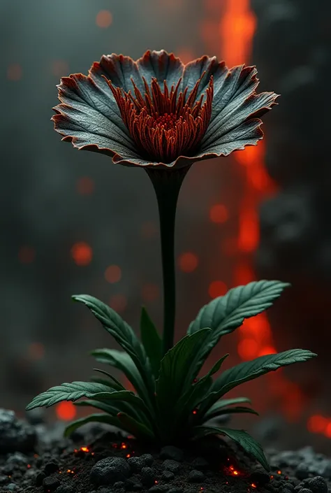  black petals hanging down,reddish brown leaf veins, dark green stems and leaves , make the red part glow,plant,Lava like effect