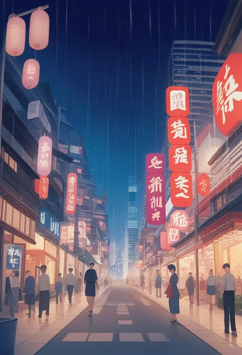 In the Rain、People walking down the street々,  Tokyo Anime Scene ,  Animated Style Cityscape ,  Japanese cities , HD anime cityscape,  Japanese cities  at night,  beautiful anime scene, Anime Background Art,   Traditional Japanese Concept Art  ,  Portrait o...