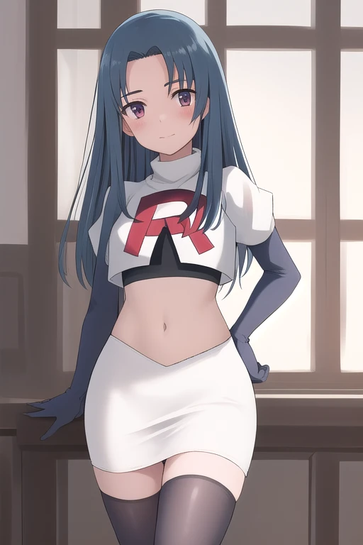 masterpiece, best quality, highres, 1girl haruka hasebe blue hair, schoolteam rocket,team rocket uniform,white skirt,red letter R,crop top,black thigh-highs,black elbow gloves